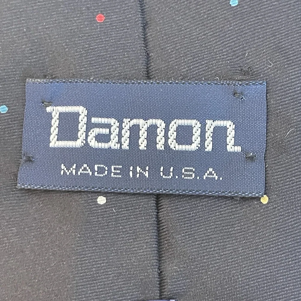 Vintage Damon Necktie 100% Silk Black With Multicolor Dots Made In USA‎